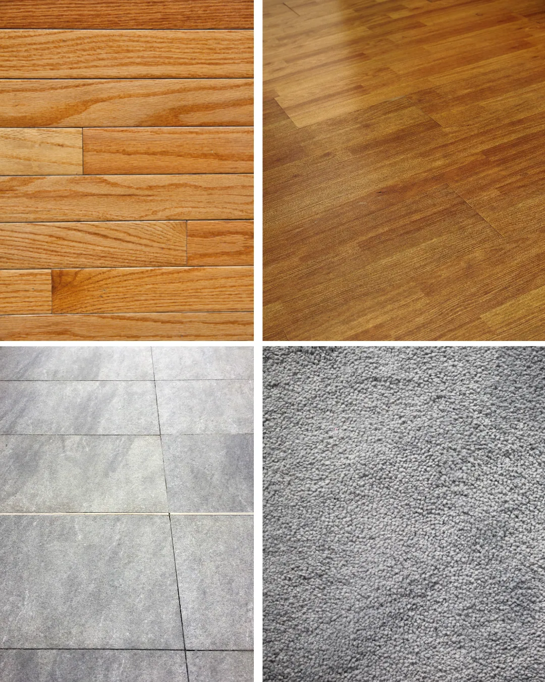 Stack of flooring samples including hardwood, carpet, and luxury vinyl plank