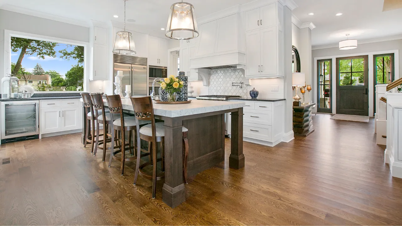 Wide-plank hardwood in an open kitchen