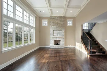 Wide-plank oak hardwood flooring in a modern Indianapolis living room