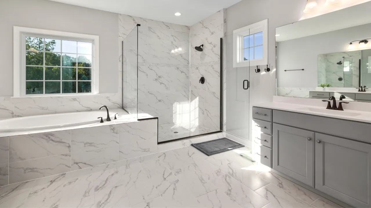 Marble tile flooring in a Fishers, IN bathroom