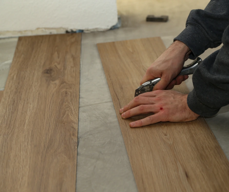 Wide-plank vinyl installed across a family room