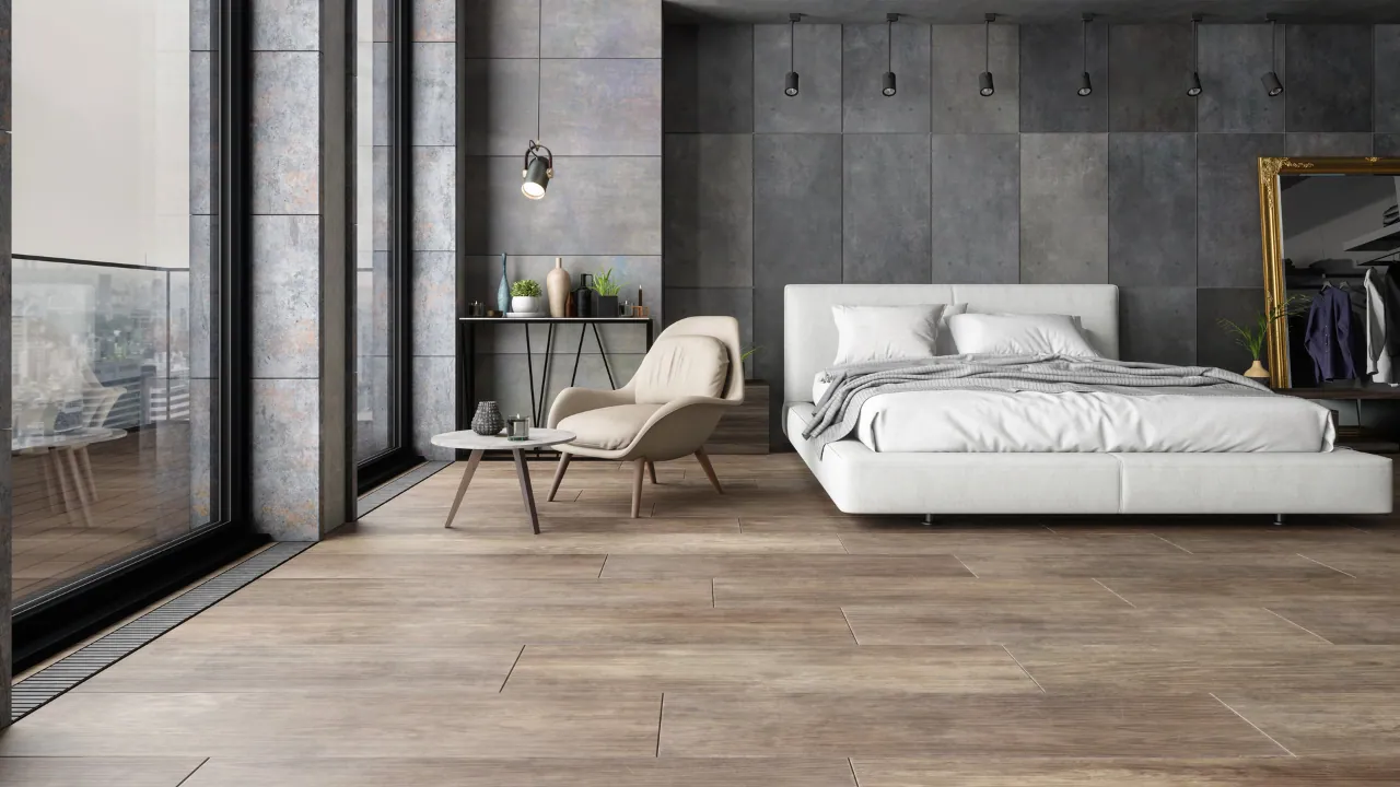 Wide-plank hardwood flooring detail