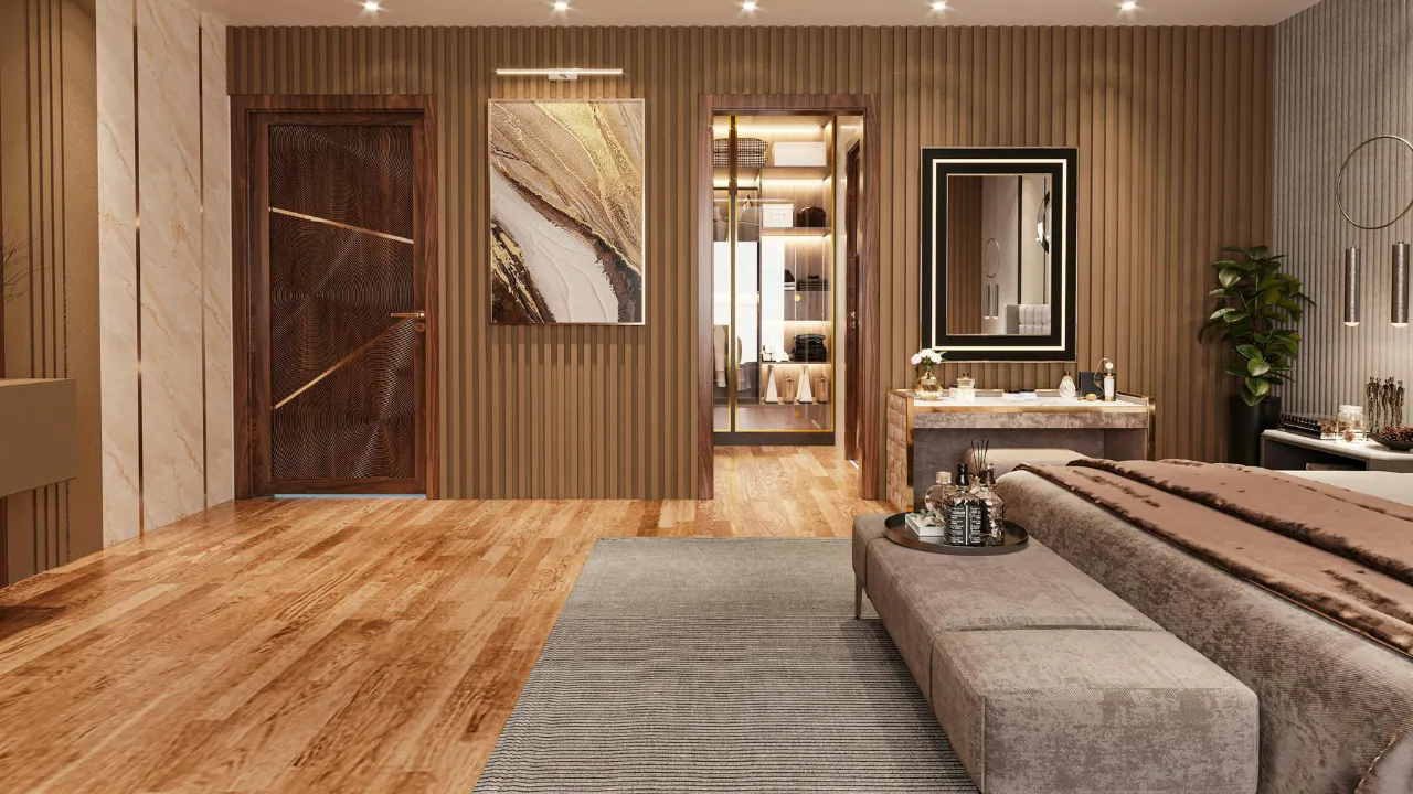 Bedroom with click-lock waterproof laminate